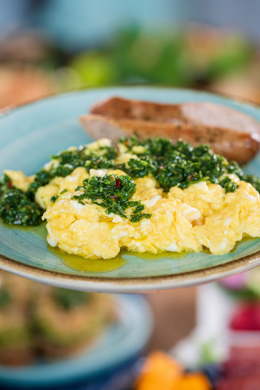 Fluffy Scrambled Eggs with Chimi Green Sauce – A Breakfast Game-Changer!