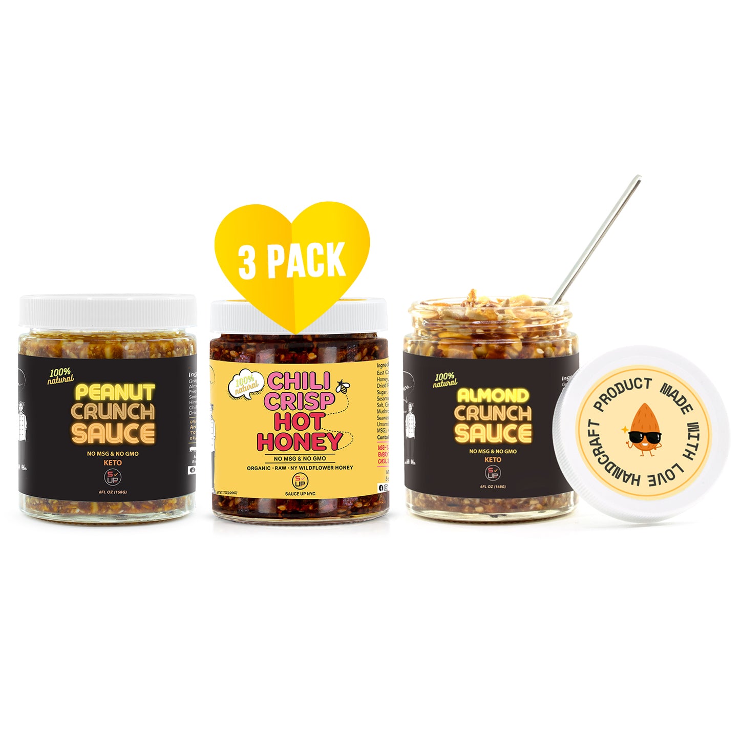 The Ultimate Hot & Sweet, Nutty Trio- (Peanut Crunch Sauce + Almond Crunch Sauce + Chili Crisp Hot Honey) - 3pk