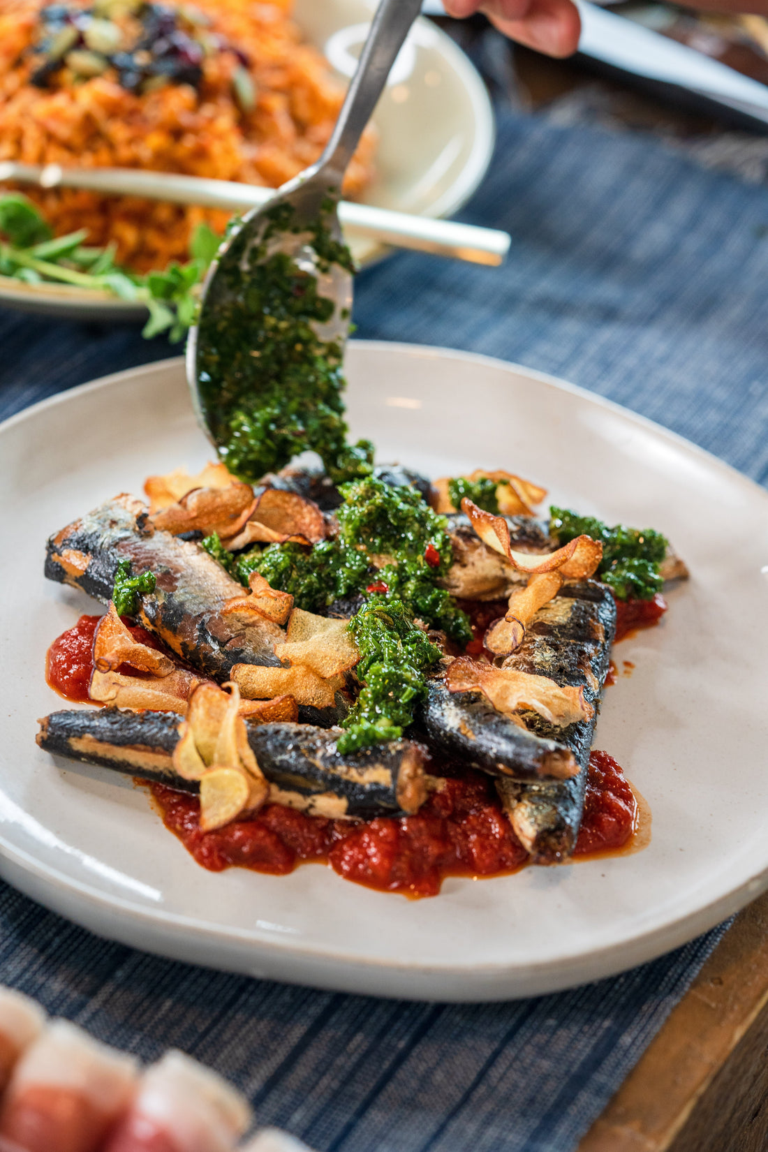 Pan seared sardines with Pomodoro and Potato Chips