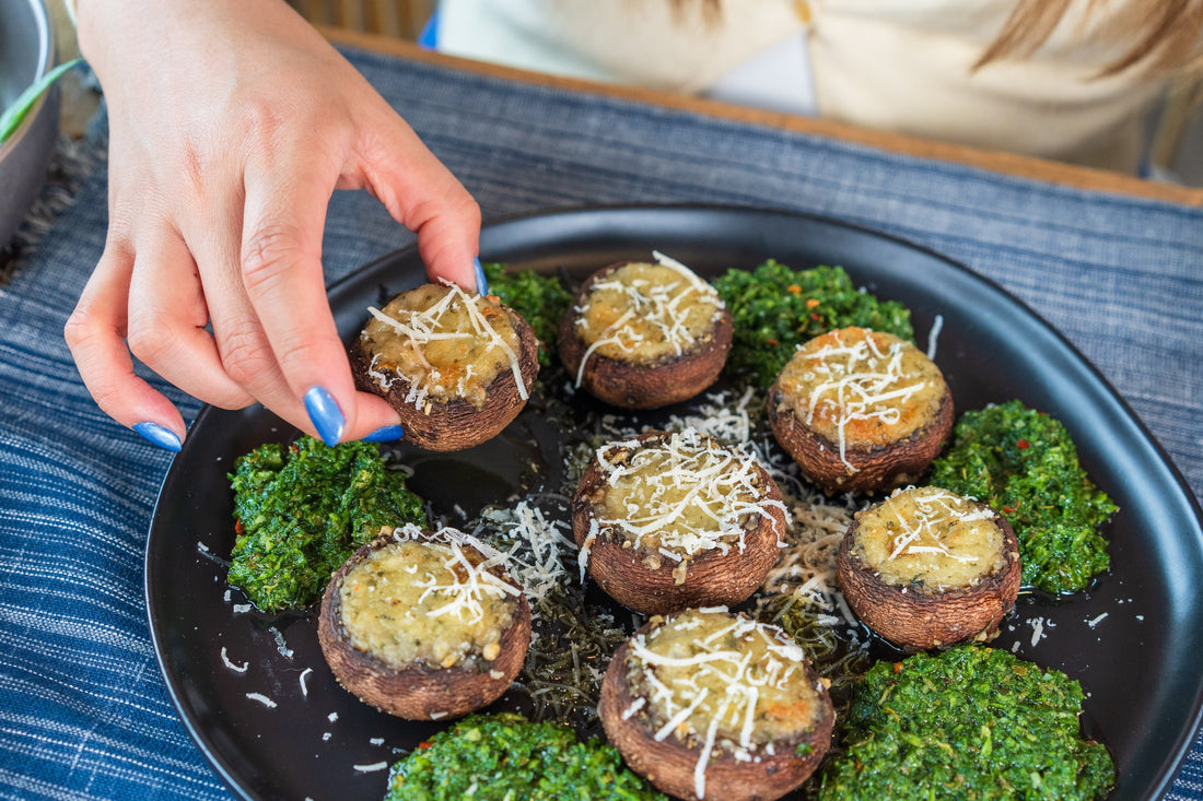 Cheesy Baked Stuffed Mushrooms with Mozzarella, Parmesan, and Zesty Chimi-Green Sauce